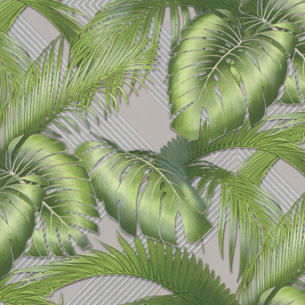 Обои крупные листья на сером фоне Euro Decor виниловые Villa Riviera арт.7157-23