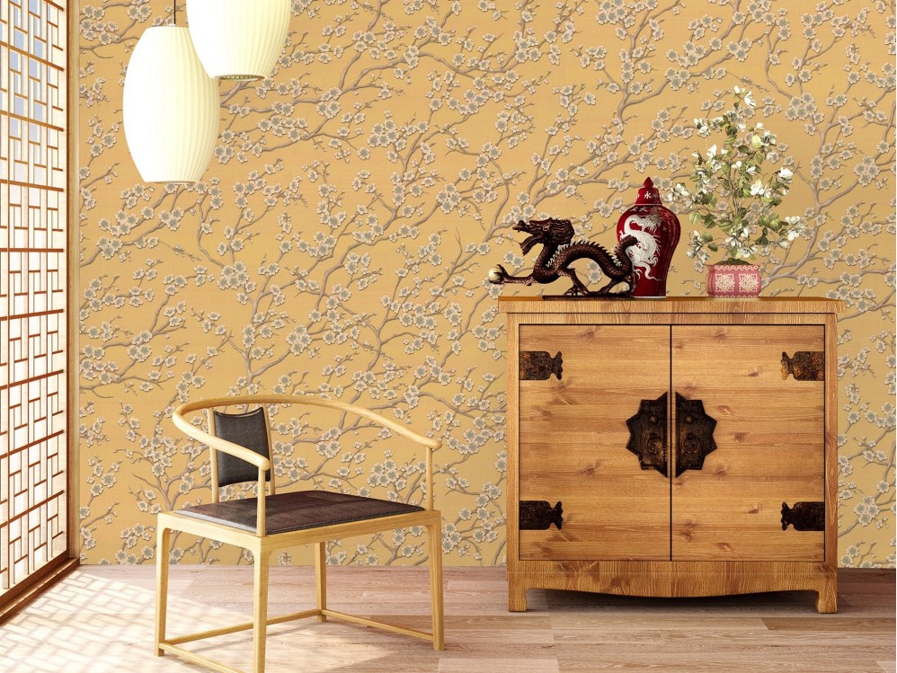 Обои желтые с белыми цветами вишни Артекс винил Вишня арт. 10316-06